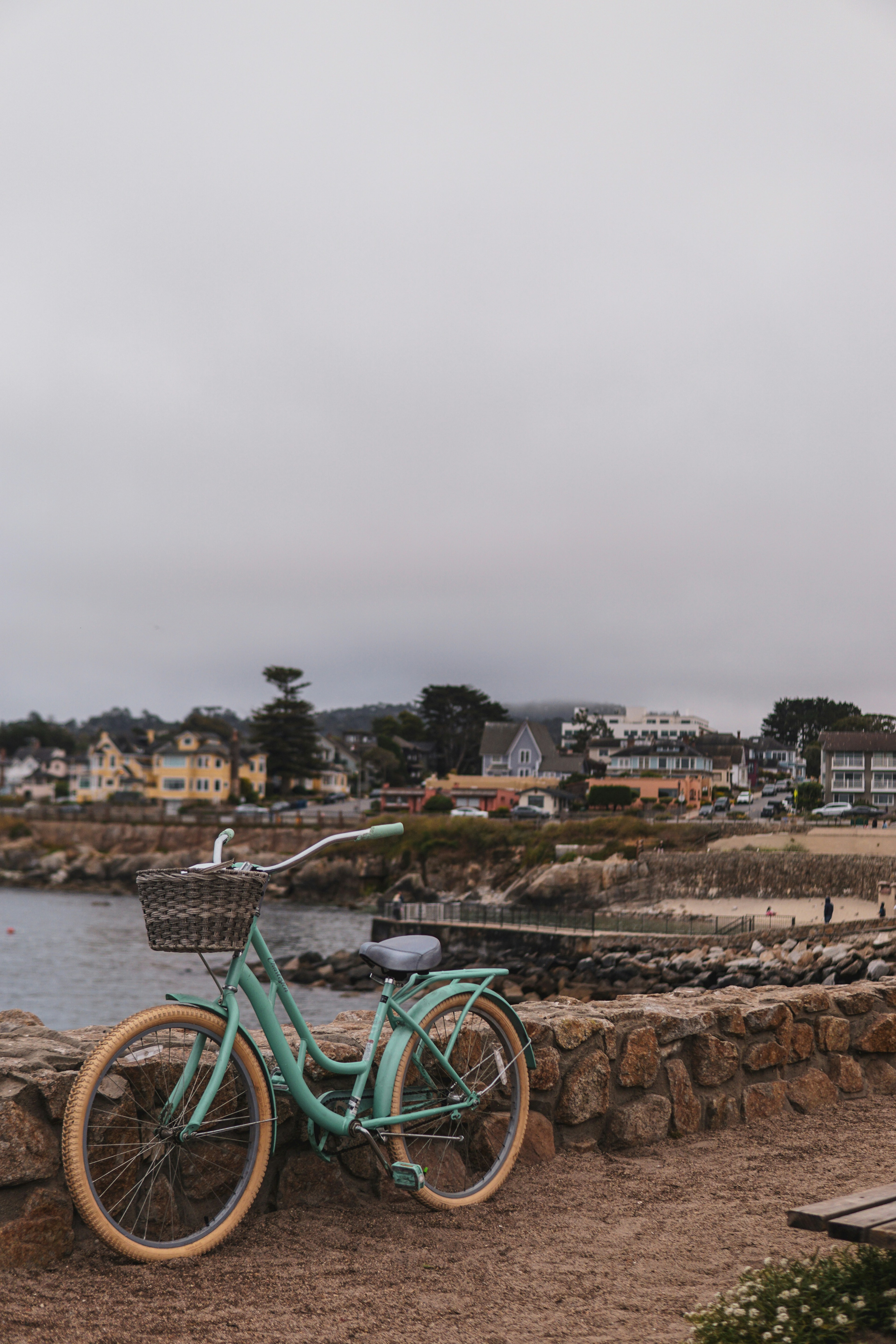 A mint-green beach cruiser with a wicker basket leans on a stone seawall by the bay.