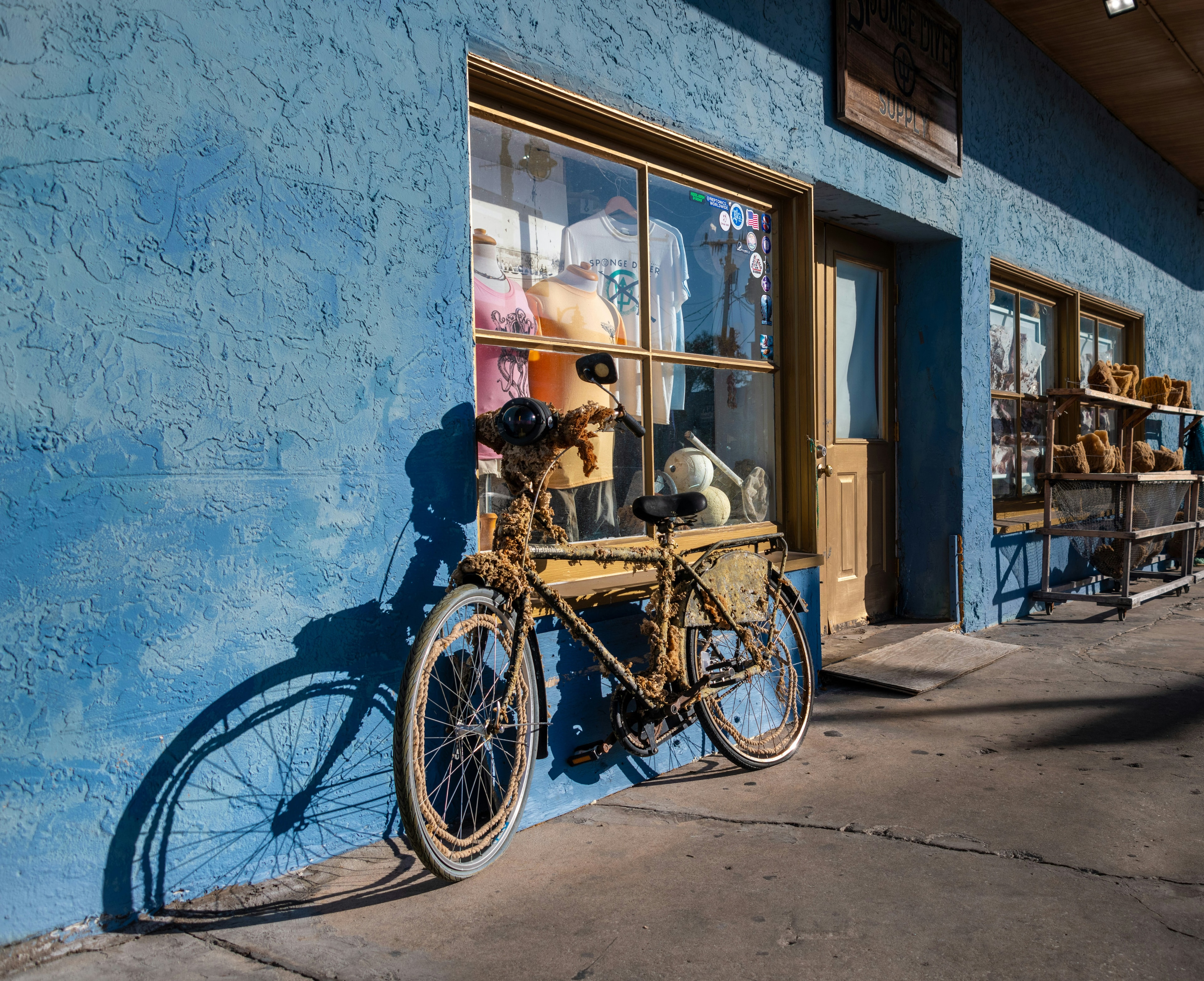 An old bicycle leans against a blue storefront at the Sponge Docks in Tarpon Springs.