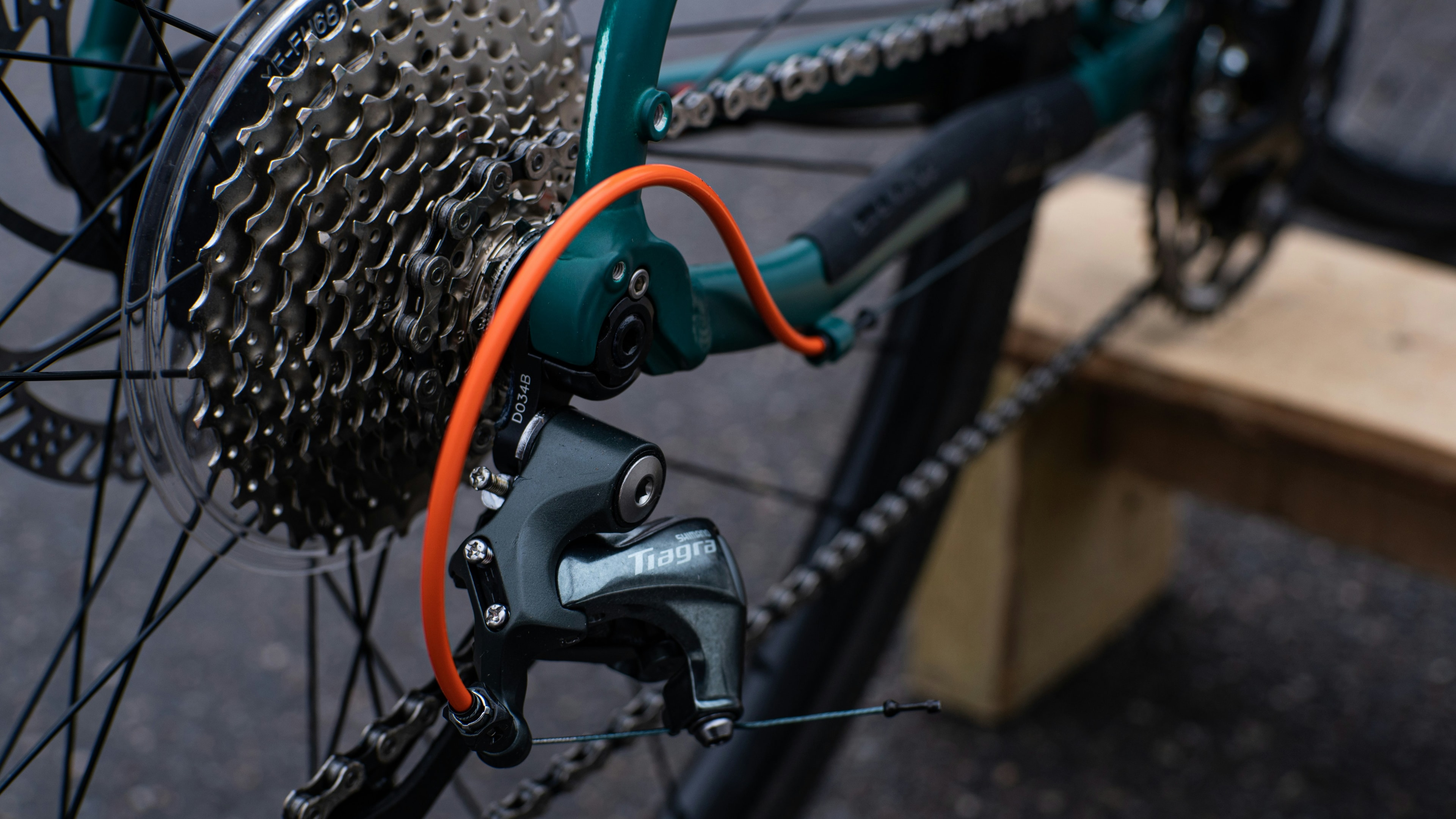 Close-up of a rear cassette and derailleur.
