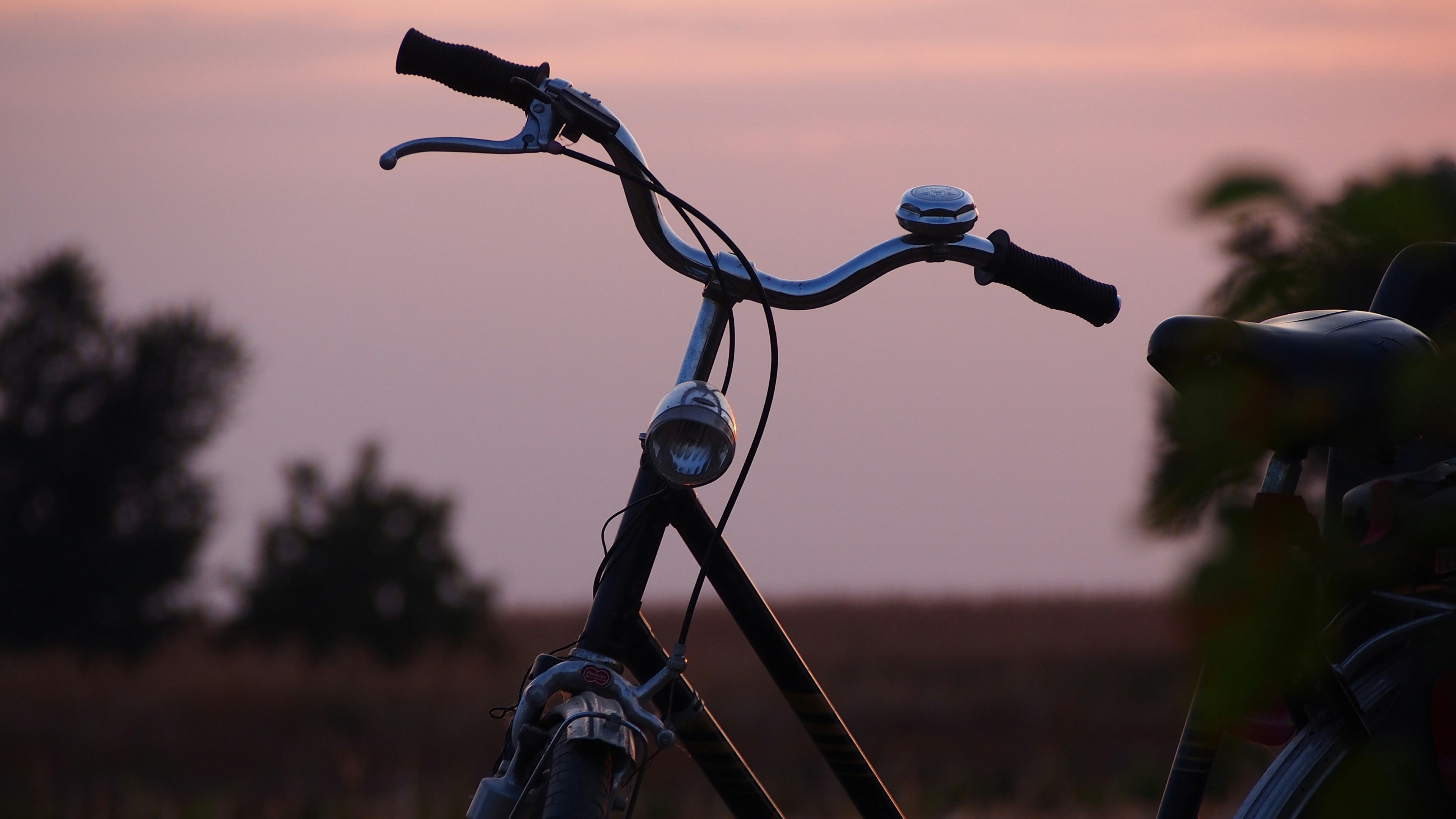 Cruiser handlebars and a bell against a dusk sky.